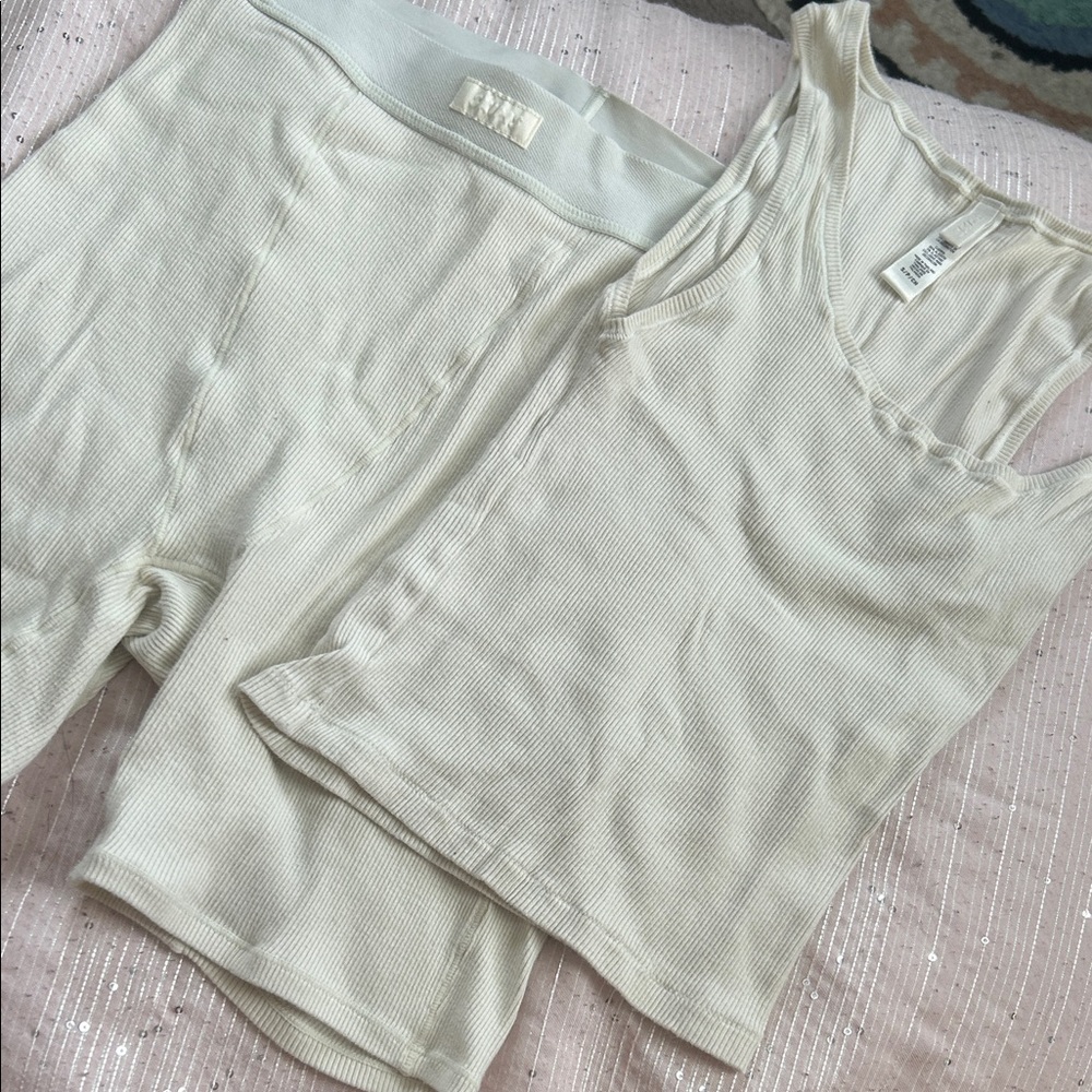SKIMS Cream Ribbed Tank and Shorts Set